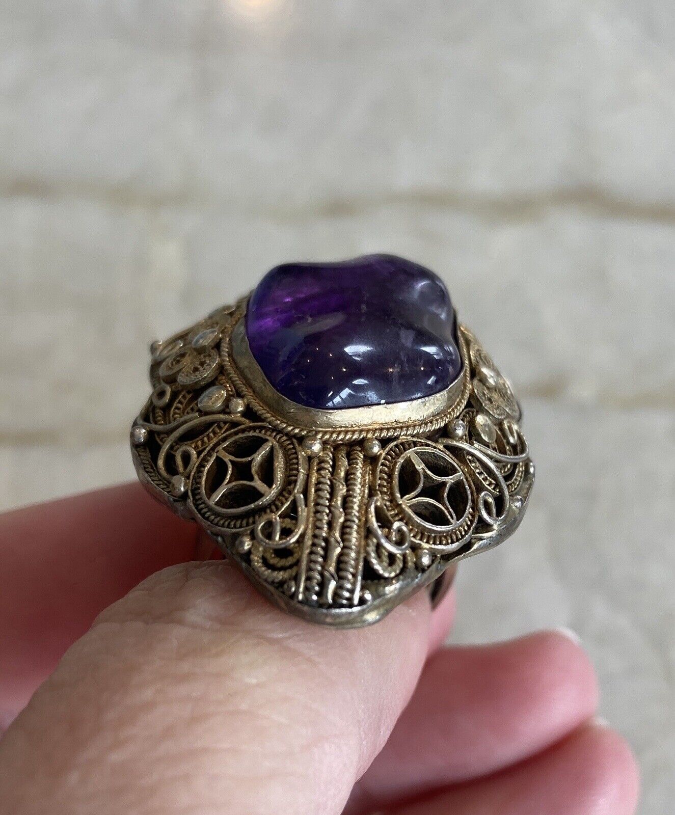 Antique Chinese Filigree Sterling Amethyst Ring 6… - image 8