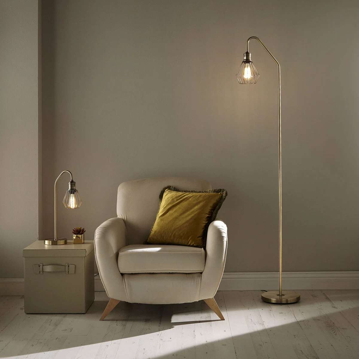 Antique Brass Table Lamp or floor lamp with industrial cage style finish