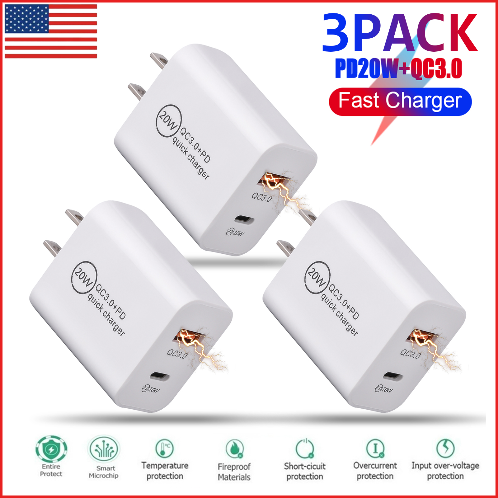 3Pcs 20w Pd Wall Charger USB Type-c Qc 3.0 Fast Power Adapter For Iphone Samsung
