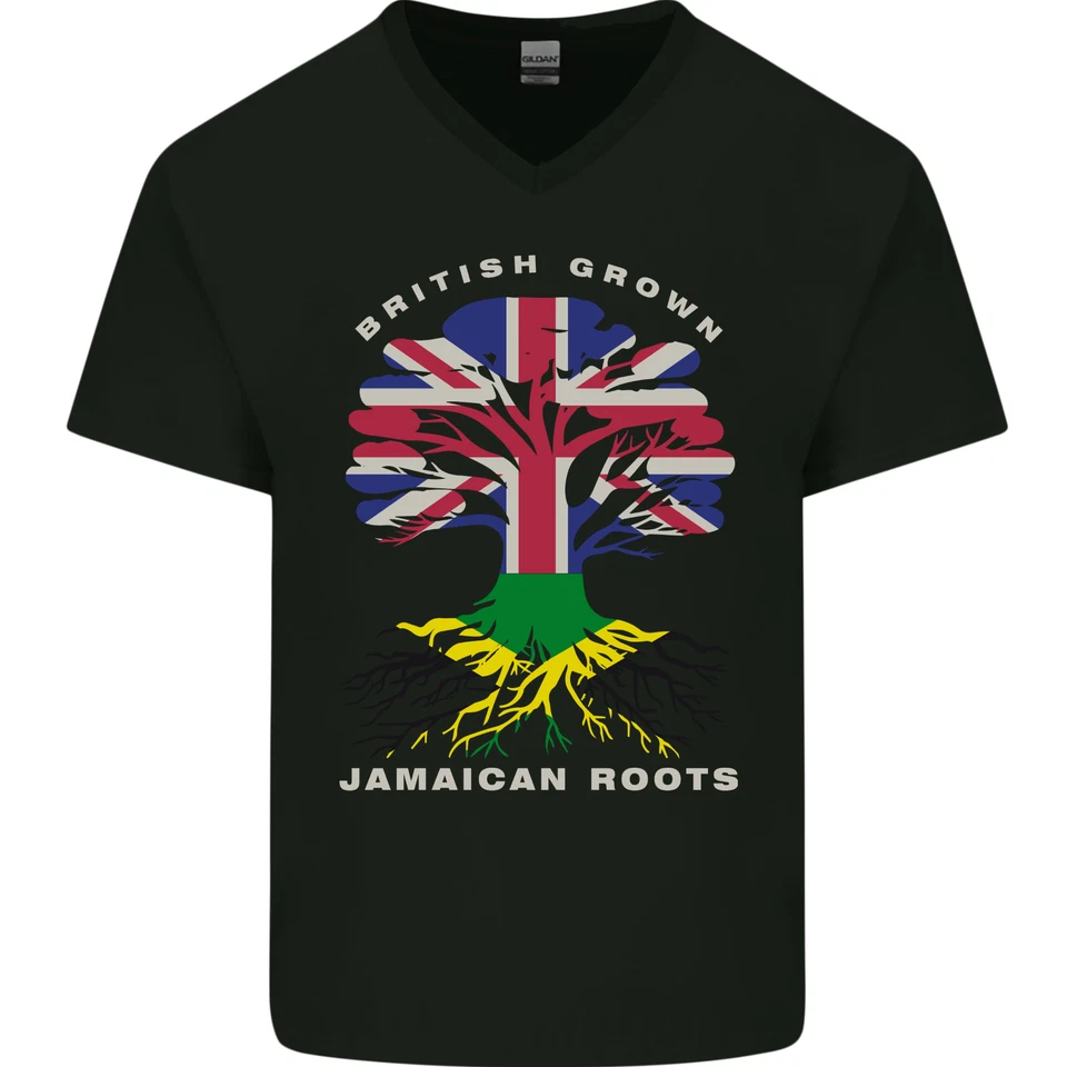 Británico Grown Jamaicano Raíces Bandera Hombre Cuello En V Algodón Camiseta - Imagen 3 de 4