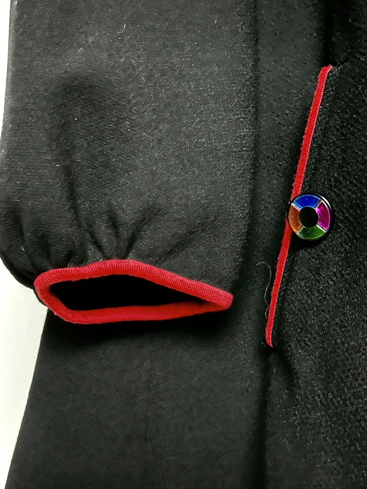 Vintage Geoffrey Beene Swing Coat Black Wool with Red Trim, Rainbow Buttons - Image 2 of 4