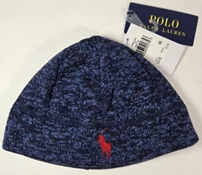 NWT Polo Ralph Lauren Child Knit Hat Beanie Heathered Blue Red Pony One Size