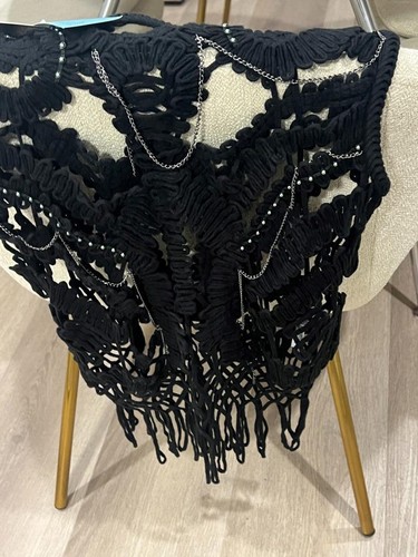 VINTAGE TOPSHOP BLACK 'GOTHIC PUNK HOLEY CHAIN FRINGE VEST / TOP UK/AUS 14 - Picture 2 of 14