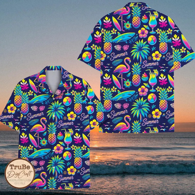 Neon Tropical Hawaiian Shirt Cocktail Beach Party Aloha Summer Vacation Men
