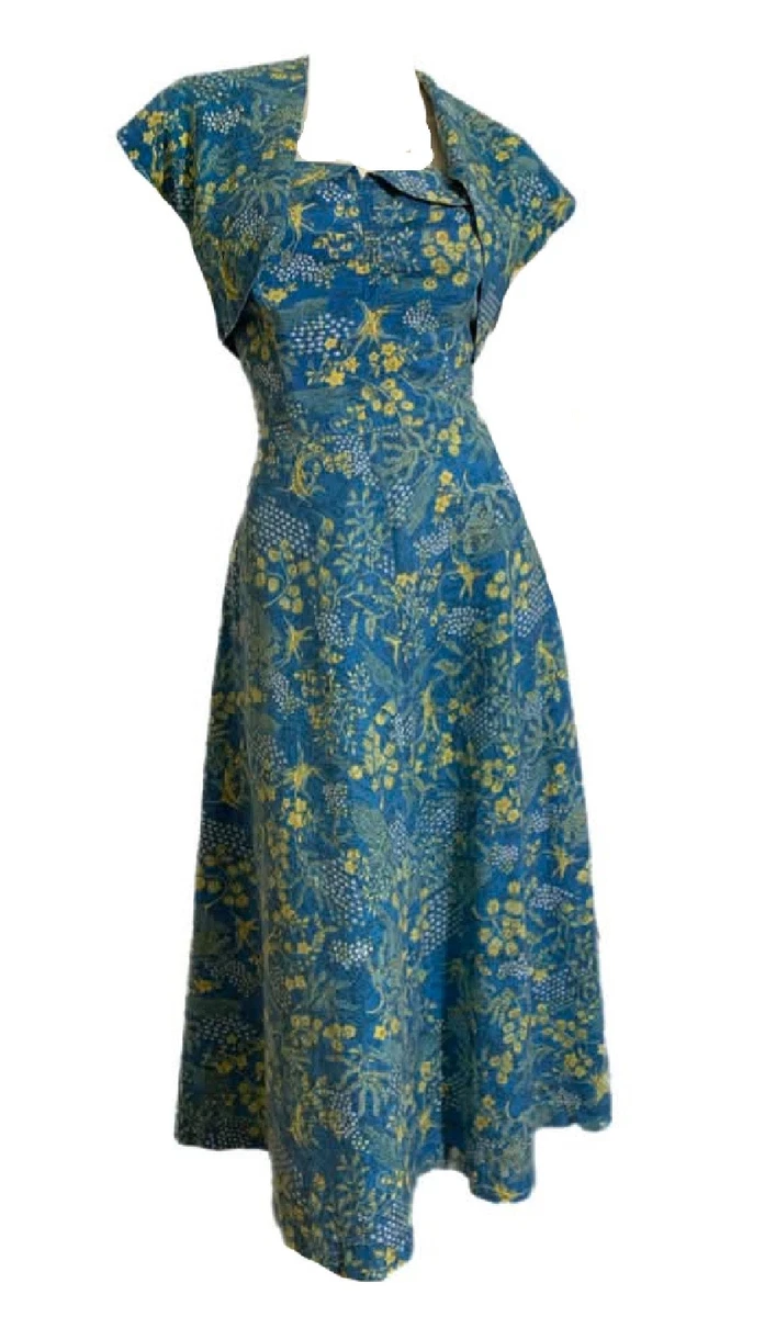 40s blue dress 1940's Blue Floral Rayon Dress