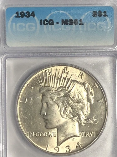 1934 PEACE "ICG MS61" - RARE/HARD TO FIND, LOW MINTAGE 954,057, ATTRACTIVE!😍