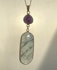 Flourite and amethyst crystal pendant gold necklace. Brand new