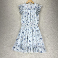 CeCe Dress Womens Medium Lt Blue Floral Ruffle Sleeve Smocked Waist Lined Spring