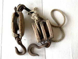 Lot of (2) Vintage Wooden (1) Single & (1) Double Pulley USA Block & Tackle