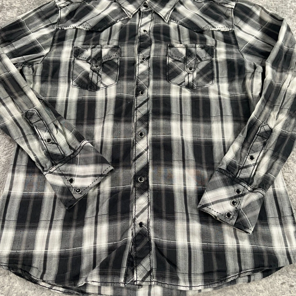 Camisa Western Hebilla BKE Para Hombre Grande L Negra Gris A Cuadros Perla A Presión Manga Larga Foto 3 de 4
