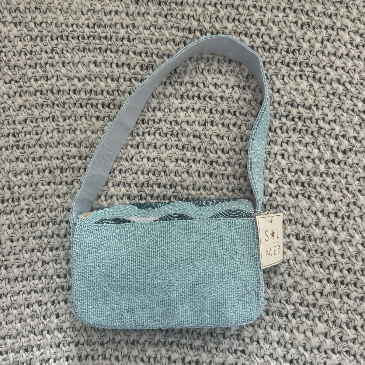 Sol And Mer Viral beach diver swimmer Beaded Bag Shoulder  Sol and Mer Beaded Beach Scene Shoulder Bag - Blue and Cream main image 0
