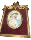 19 Century Flower Garland Brass Frame Velvet Border French Woman Blue Dress Hat — photo 6