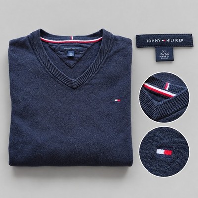 Tommy Hilfiger Herren Pullover XL Blau Strick V-Ausschnitt Logo Langarm