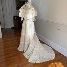 Antique Edwardian? Wedding Dress Gown With Train Puff Sleeves Lace Details