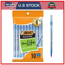 10-Count Pack BIC Round Stic Xtra Life Blue Ballpoint Pens, Medium Point (1.0mm)