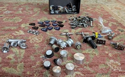 Large Lot Of Vintage Guitar Pieces Knobs, Picks, Screws, And More