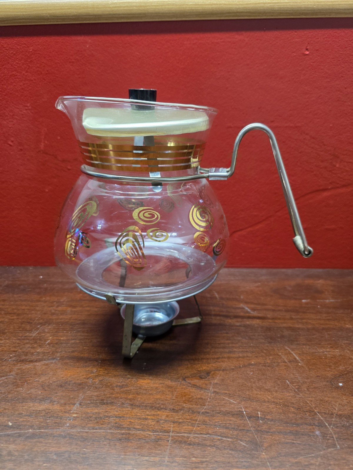 vintage Jet-O-Matic flameproof glass coffee carafe w metal warming stand MCM 