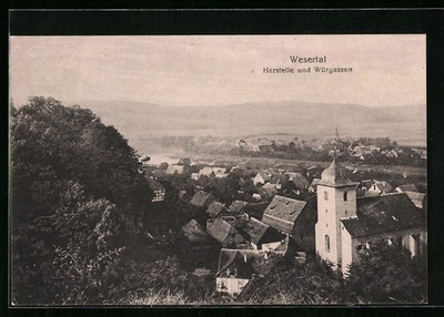 Postcard manufacturer/Weser, view from the bird's eye view, view to Würgassen 