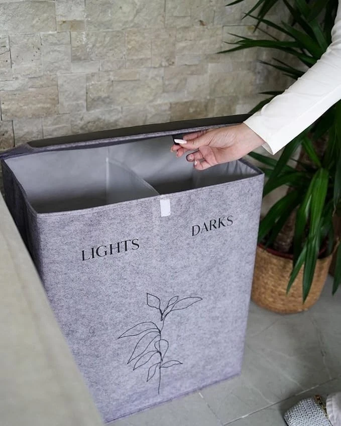 Wäschekorb mit Deckel aus Filz mit zwei Fächern Wäschetruhe Wäschesammler - Bild 2 von 4