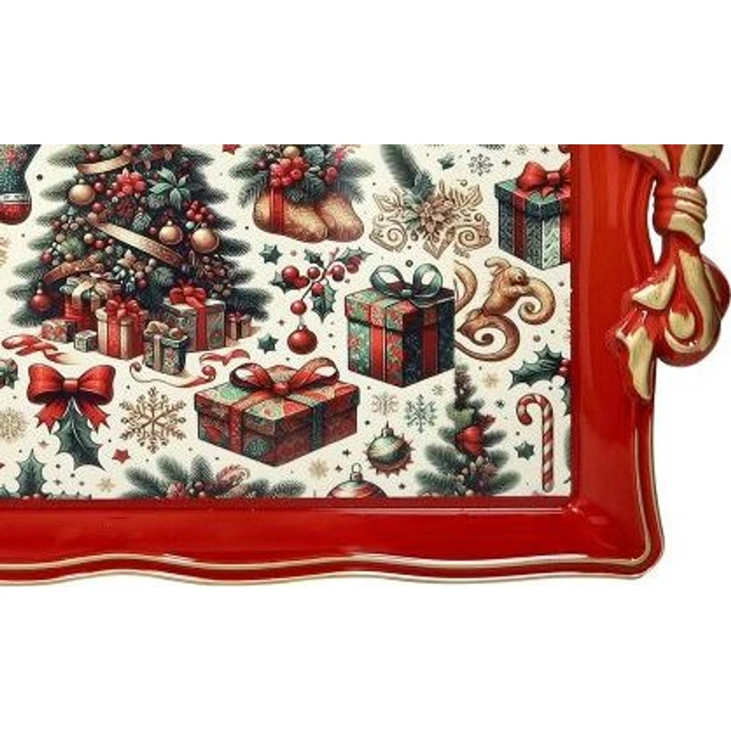 Vassoio Rettangolare 50x30 cm BRANDANI Christmas Rosso Natale Manici a Fiocco, fotografia 5 di 9