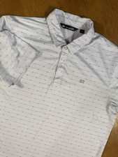 TravisMathew Polo Shirt Mens XL White W/ Gray Dotted Stripe Pattern Pima Cotton