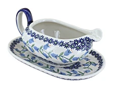 Blue Rose Polish Pottery Tulip Gravy Boat & Plate