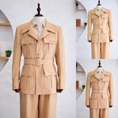 Linen Mens Safari Jacket 2Pcs with Belt 4Pockets Coat Casual Wear Hunting Jacket