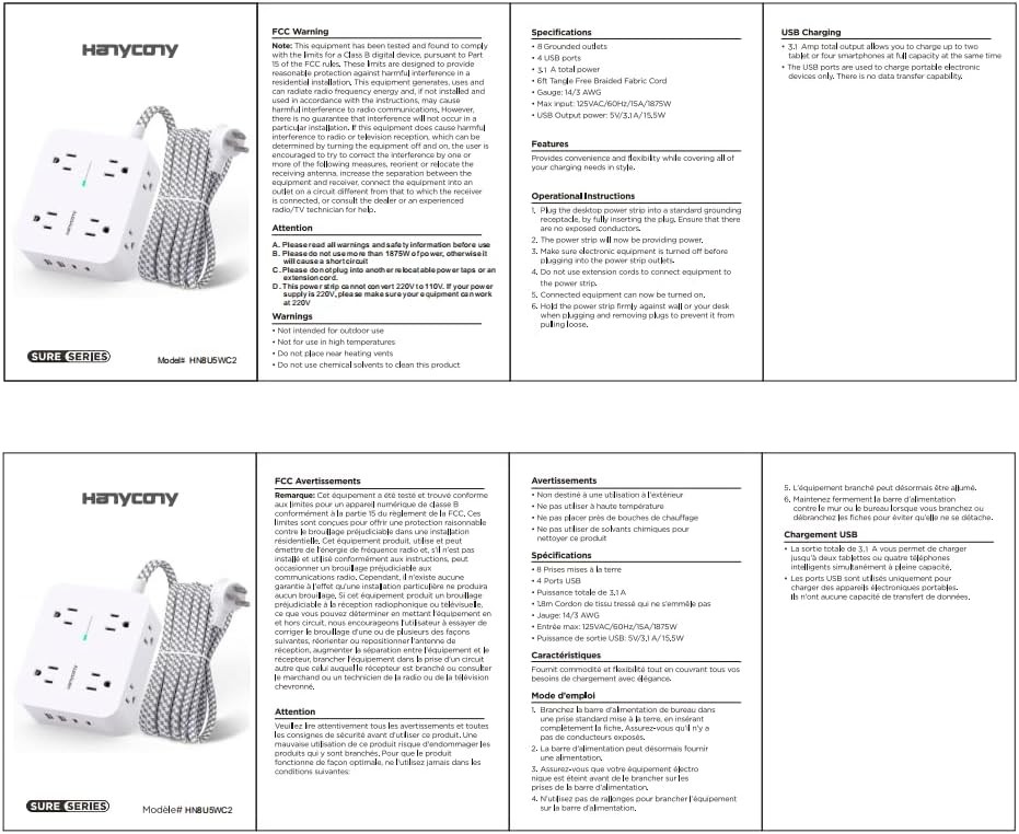 Surge Protector Power Strip - HANYCONY 8 Outlets 4 USB (2 USB C) Charging Ports,
