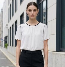 Banana Republic White Black Solid Chiffon Pleated Round Neck Blouse M