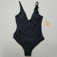 NWT Kona Sol Sz M Black Asymmetrical Ruffle High Coverage One Piece Swimsuit