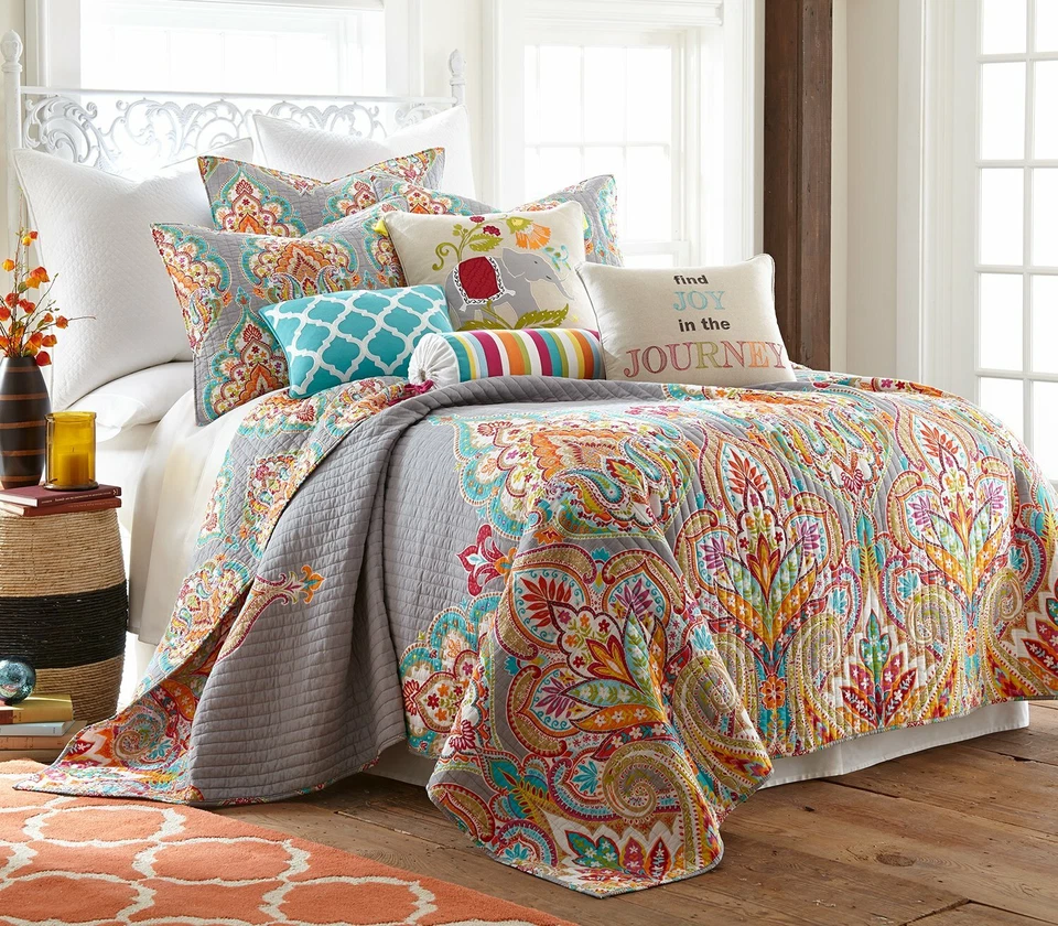 Moroccan Bohemian 3pc Full/Queen Quilt Gray Teal Orange White Tan Red Floral - Image 2 of 4