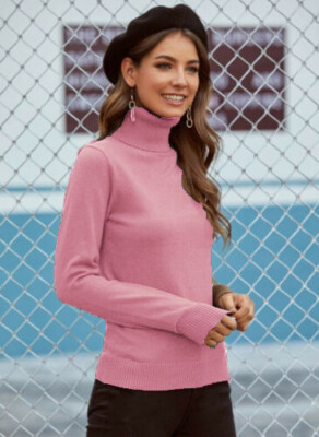 Damen Langarm Oberteil Damen hoher Rollkragen Polokragen Strick gerippt Pullover Pulli
