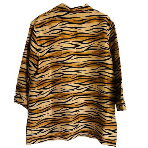 Anne Carson 100% Silk Blouse Womens 1X Tan Tiger Animal Print Button Up Tunic - 第 2/8 張圖片