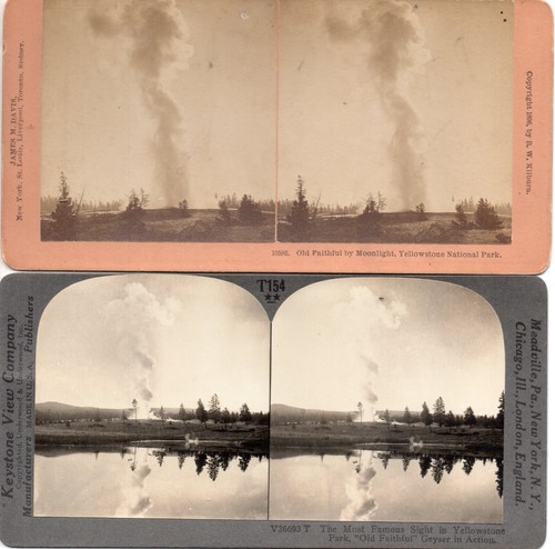 Konvolut (2) Old Faithfull, Yellowstone Park, einer von Moonlight. Stereoview Foto
