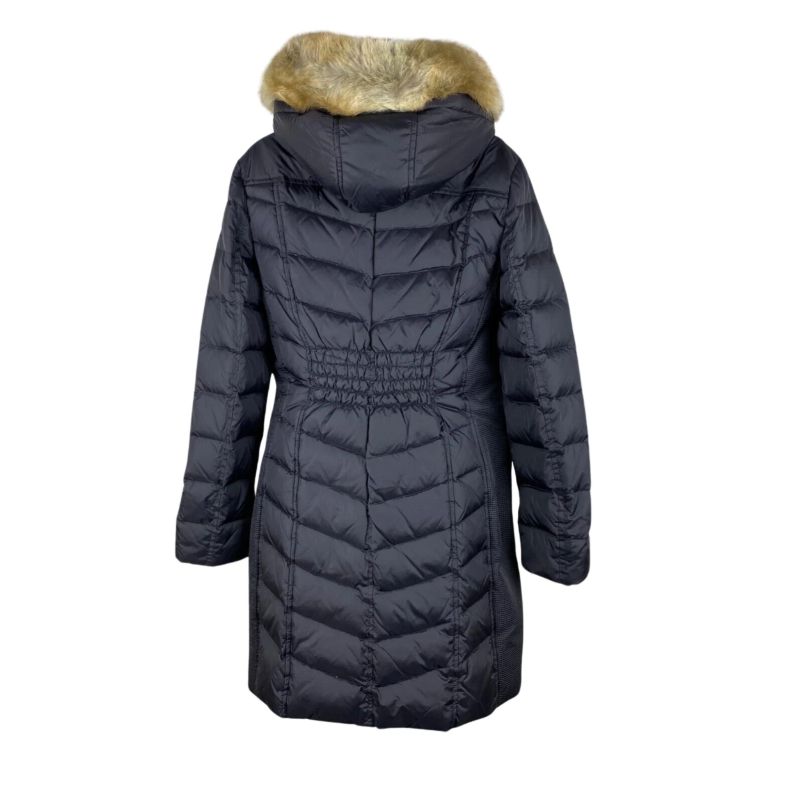 Giacca con cappuccio Michael Kors lunga puffer pelliccia sintetica orlo con tasche taglia S preppy