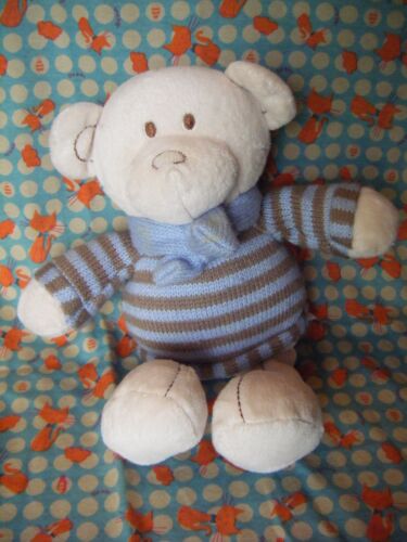 NEXT Cream Teddy Bear Blue Striped Jumper Scarf  Soft Toy 11" approx (B71) - Picture 1 of 5