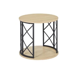Modern Round End Table with Open Storage Shelf, Metal Frame with Wood Finish Top