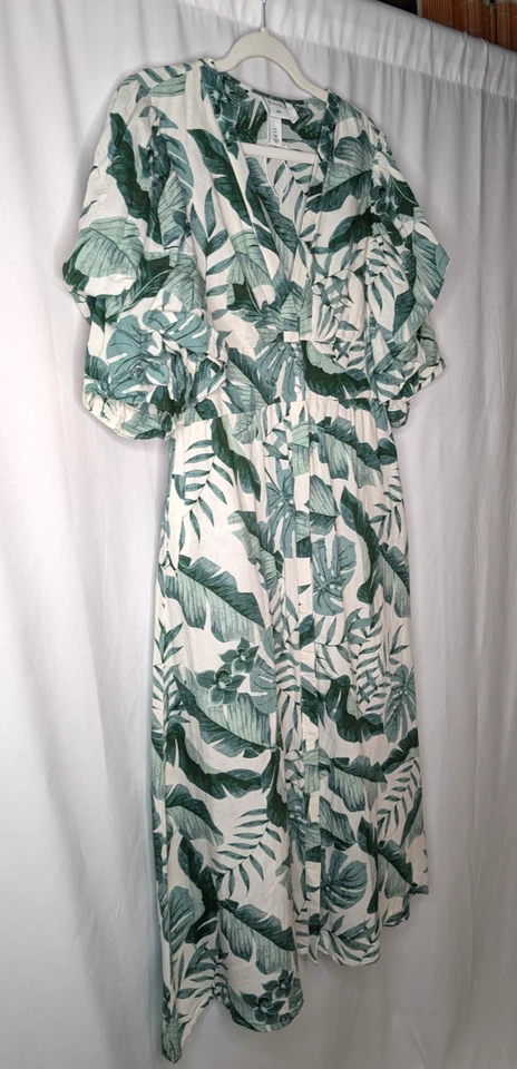 Vestido H&M Johanna Ortiz Blanco Verde Estampado Hoja de Palma Mezcla de Lino Cottage Midi MD Foto 4 de 4