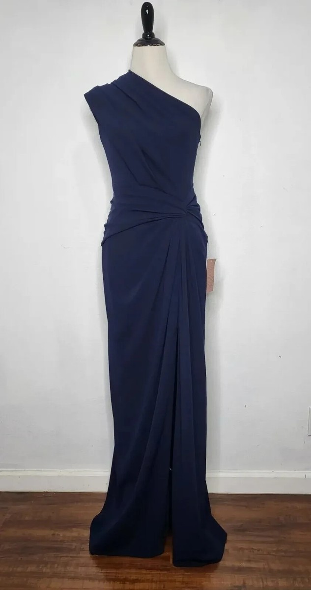 TADASHI SHOJI Navy Stretch Crepe Hi-Slit One Shoulder Pleated Gown
