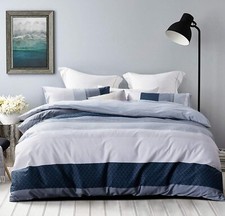 Duvet Cover Set, 600 Thread Count Cotton White and Navy Striped Patchwork Com...