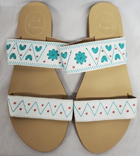 Jack Rogers Sandals Size 7 White Leather Turquosie Embroidered Strappy  Flats | eBay
