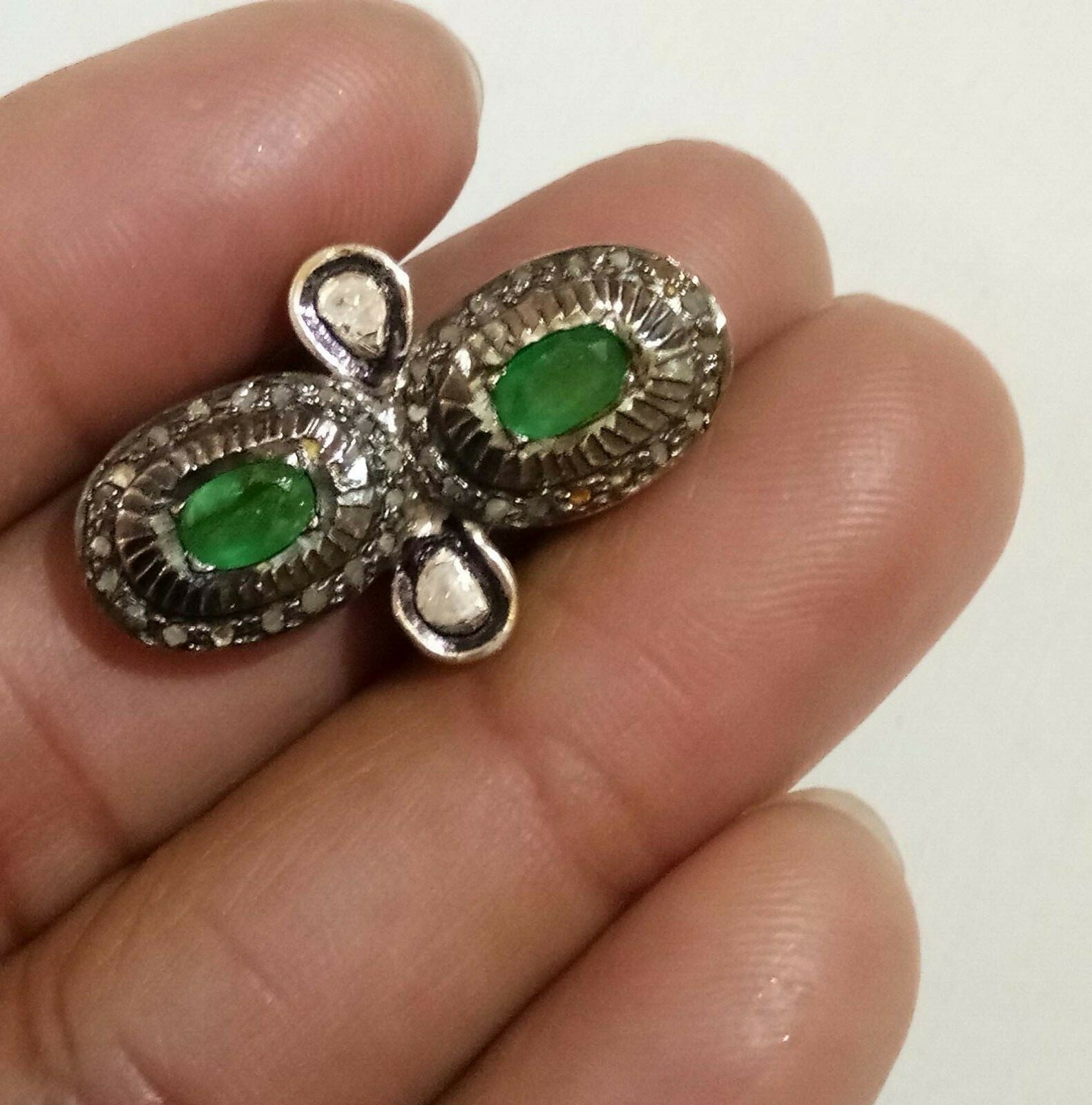 Collier Pendentif Ancien Avec Véritable Émeraude - Or Blanc & Argent Massif - Chaîne