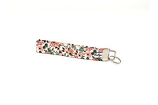 Peach and Green Floral Multi Color Cotton Fabric Wristlet Key Fob with Key Ring