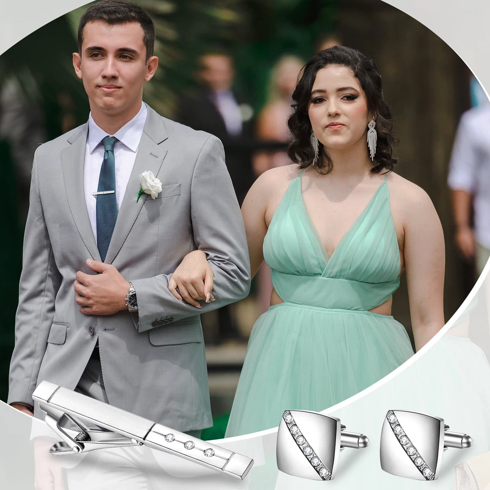 Mens Tie Clasp Cuff Links Set Wedding Tuxedo Shirt Rhinestone Tie Clip Cufflinks - Image 4 of 4