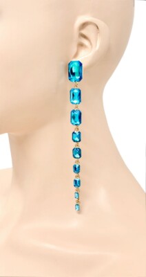 5.5'' Long Turquoise Pool Blue Crystals Statement Evening Linear Earring Pageant
