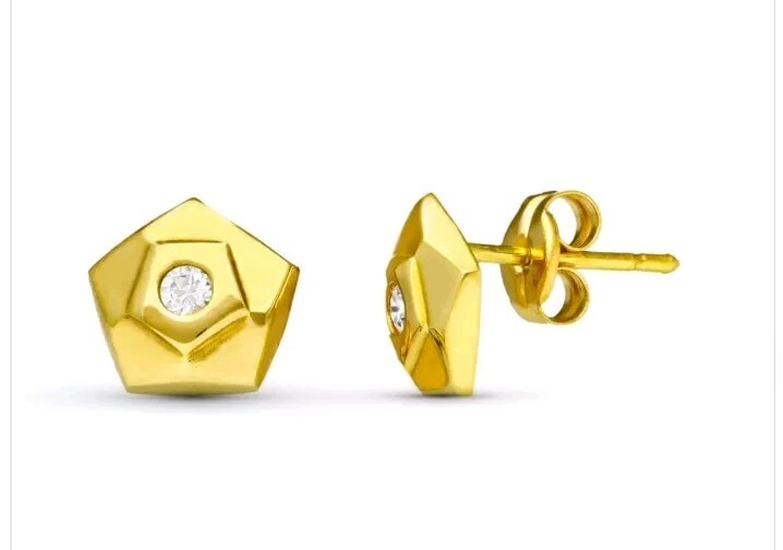 Pendientes oro 18k 750 Mls. Cierre Presión. Circonita. Pentágono 7x7 MM.