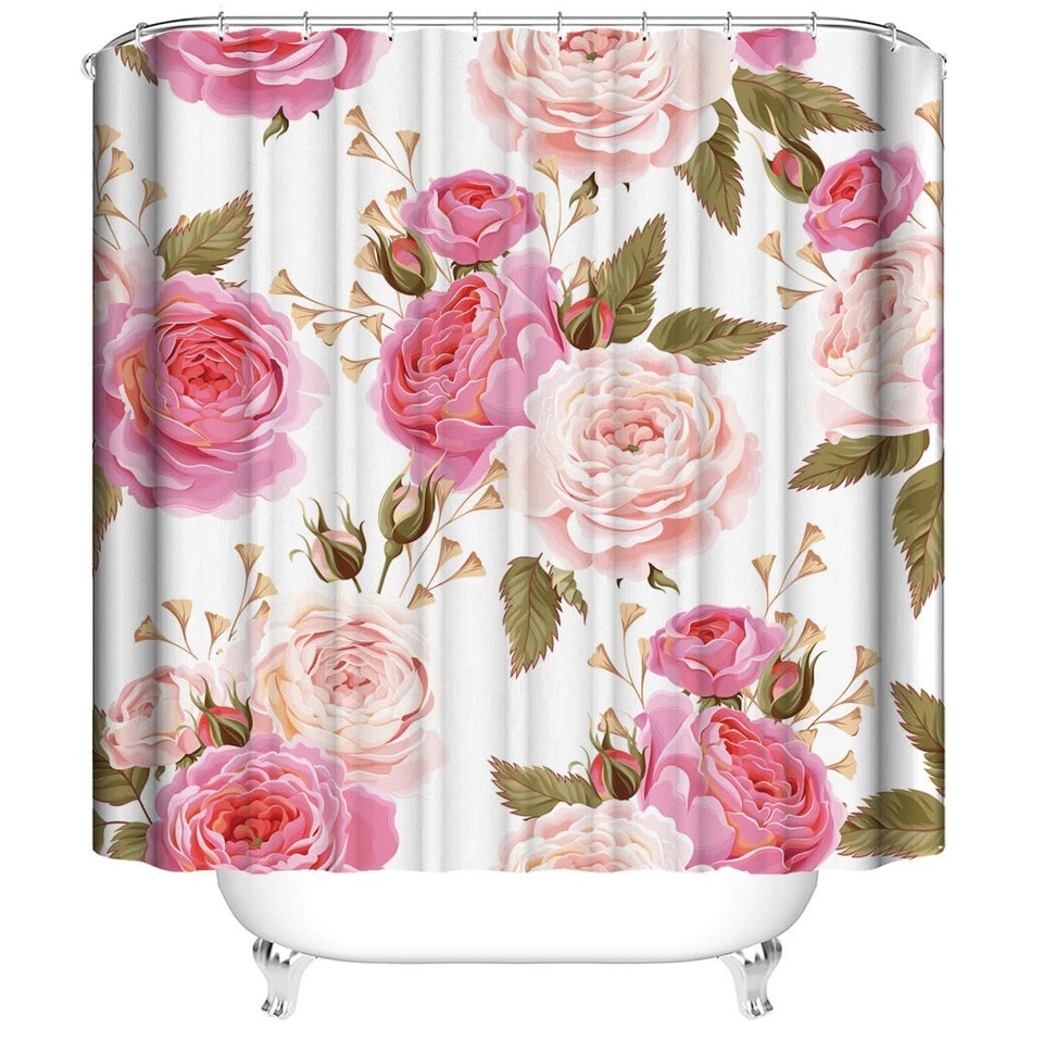 Alfombras de cortina de ducha rosa cubierta de tapa de inodoro alfombra de baño con 12 ganchos Foto 3 de 4