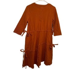 Blew Women's Dress Rust Brown Tan Gauzy Pockets Tie Details Drawstring Buttons
