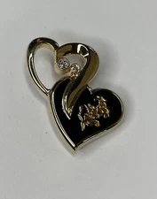 VTG Estate Gold Plastic Double Heart Floral Brooch Pin Rhinestone