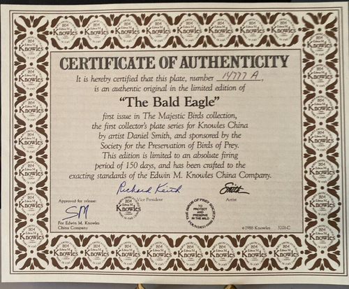 Vintage 1988 Knowles Fine China 9" Collectors Plate The Bald Eagle -Daniel Smith - Picture 9 of 16